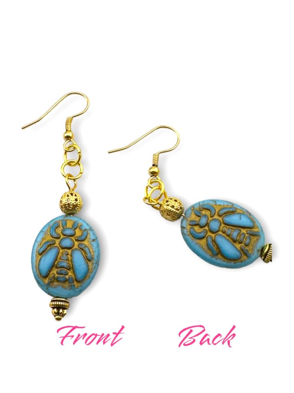 Czech Glass Bee Earrings Sky Blue Gold Dangle Cottagecore Boho Handmade - Picture 8 of 11